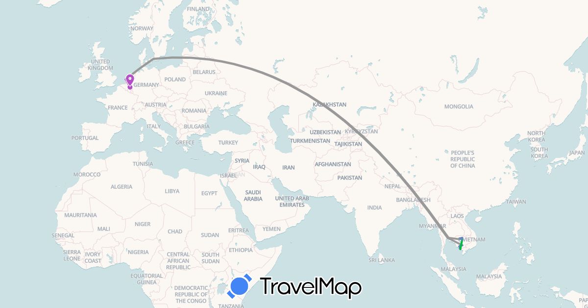 TravelMap itinerary: driving, bus, plane, cycling, train in Belgium, Denmark, Cambodia, Netherlands, Thailand (Asia, Europe)