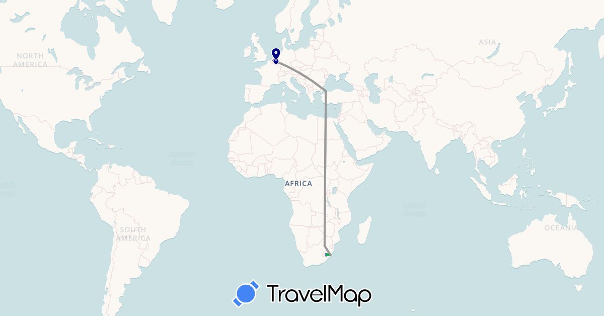 TravelMap itinerary: driving, bus, plane, cycling in Belgium, Lesotho, Turkey, South Africa (Africa, Asia, Europe)