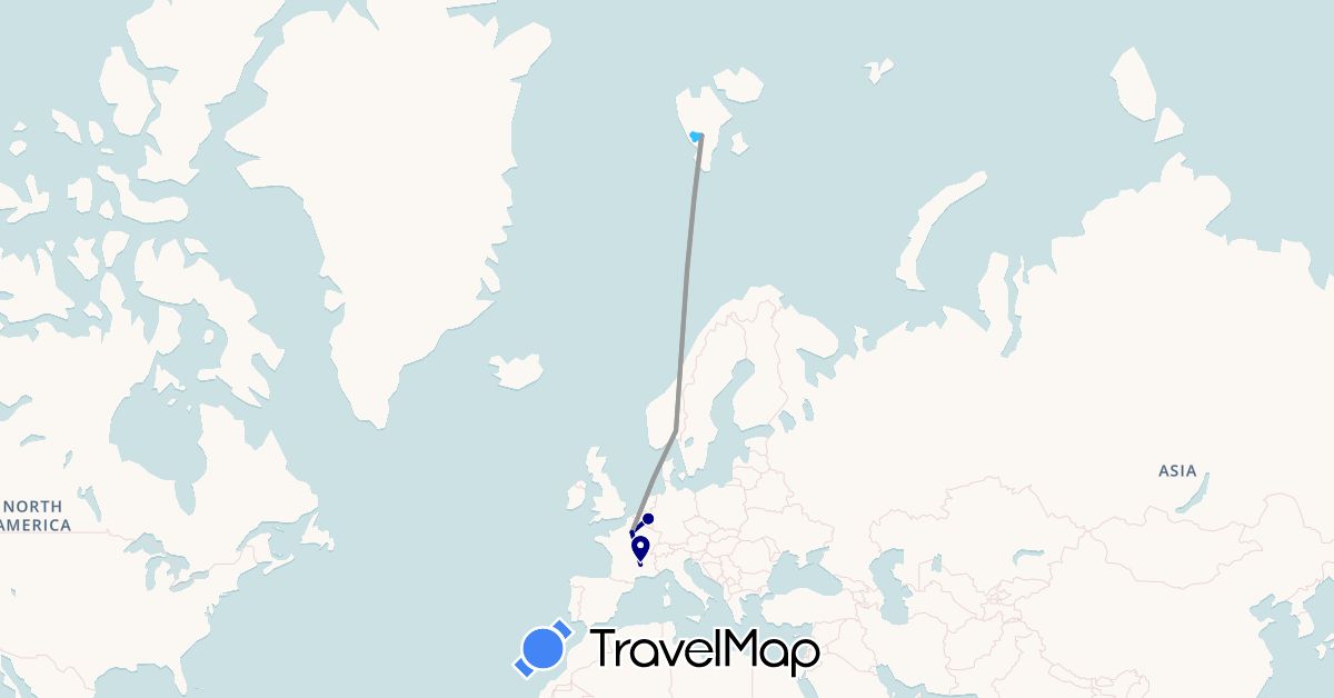 TravelMap itinerary: driving, plane, hiking, boat in Belgium, France, Norway, Svalbard and Jan Mayen (Europe)