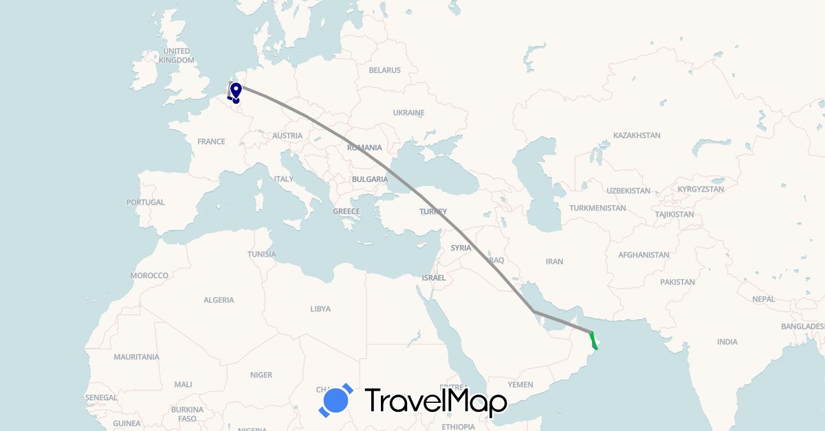 TravelMap itinerary: driving, bus, plane, cycling in Belgium, Netherlands, Oman, Saudi Arabia (Asia, Europe)