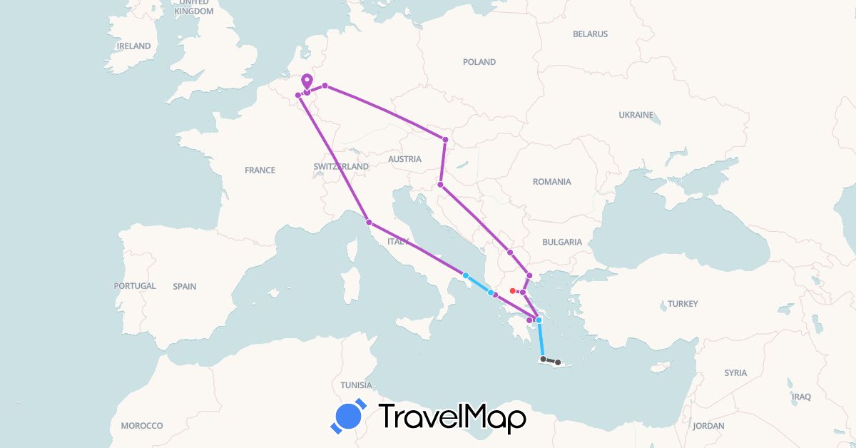 TravelMap itinerary: driving, train, hiking, boat, motorbike in Austria, Belgium, Germany, Greece, Croatia, Italy, Macedonia (Europe)