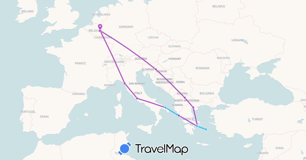 TravelMap itinerary: driving, bus, train, boat in Belgium, Greece, Croatia, Italy, Macedonia (Europe)