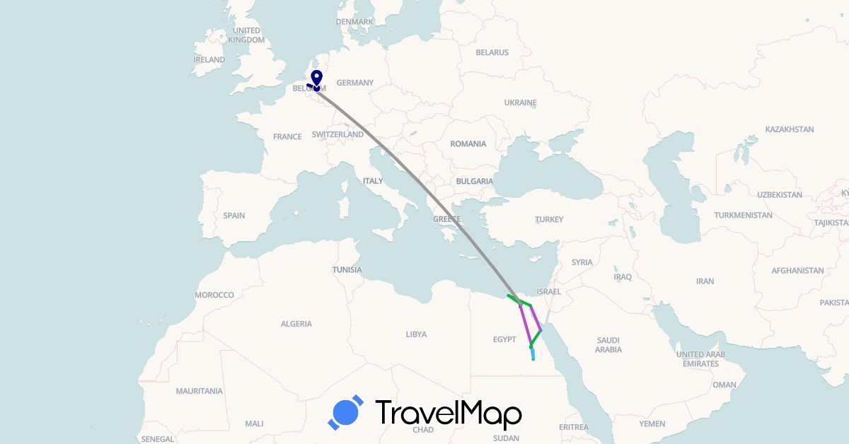 TravelMap itinerary: driving, bus, plane, train, hiking, boat in Belgium, Egypt (Africa, Europe)