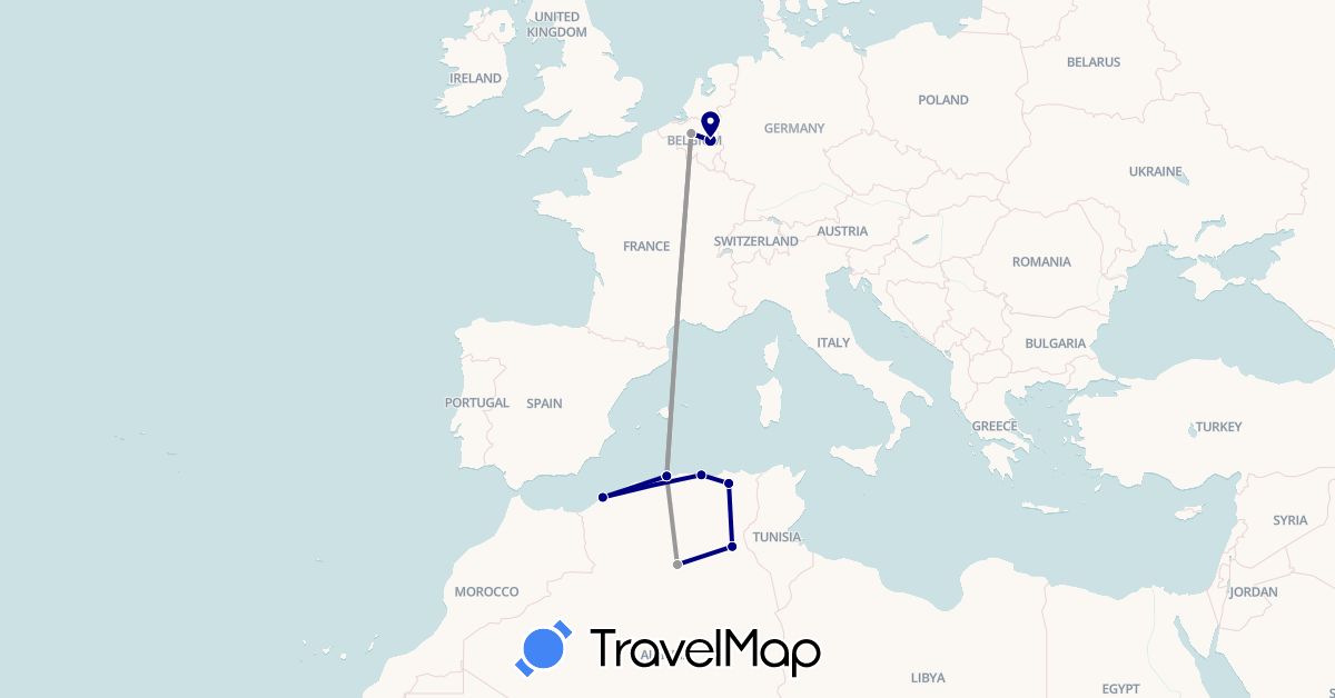 TravelMap itinerary: driving, plane in Belgium, Algeria (Africa, Europe)