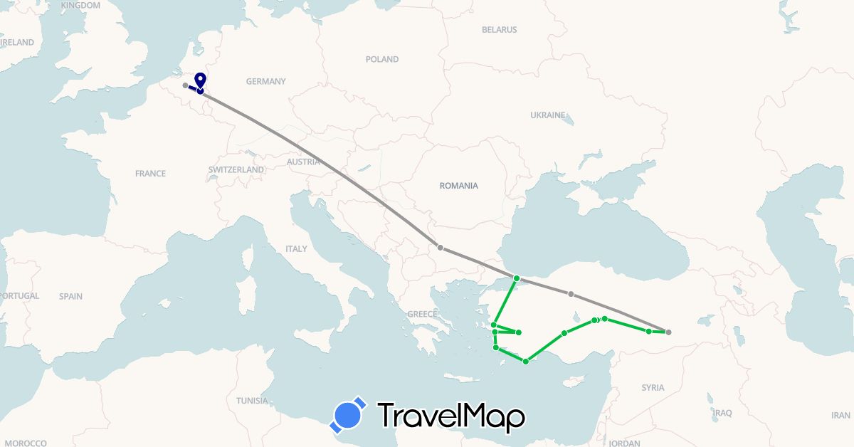 TravelMap itinerary: driving, bus, plane, hiking, boat in Belgium, Bulgaria, Turkey (Asia, Europe)