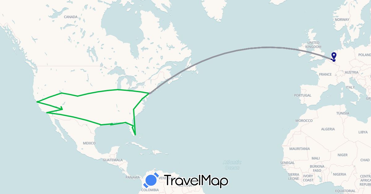 TravelMap itinerary: driving, bus, plane, train, hiking in Belgium, United States (Europe, North America)