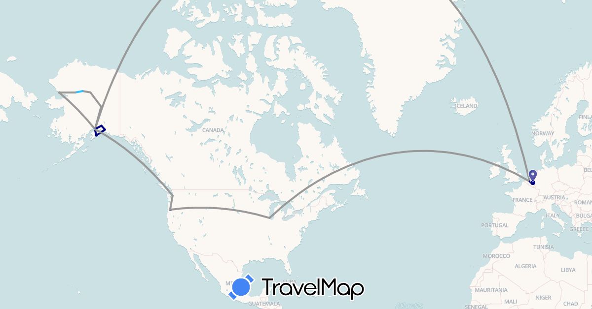 TravelMap itinerary: driving, plane, hiking, boat in Belgium, United States (Europe, North America)