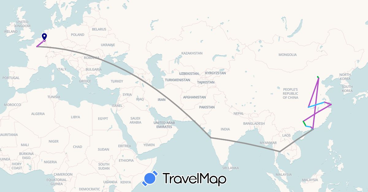 TravelMap itinerary: driving, bus, plane, train, hiking, boat in Belgium, China, France, Hong Kong, India, Macau, Thailand (Asia, Europe)
