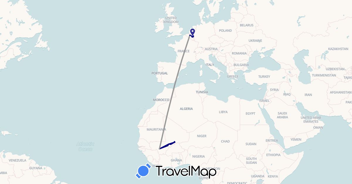 TravelMap itinerary: driving, plane, hiking in Belgium, Mali (Africa, Europe)