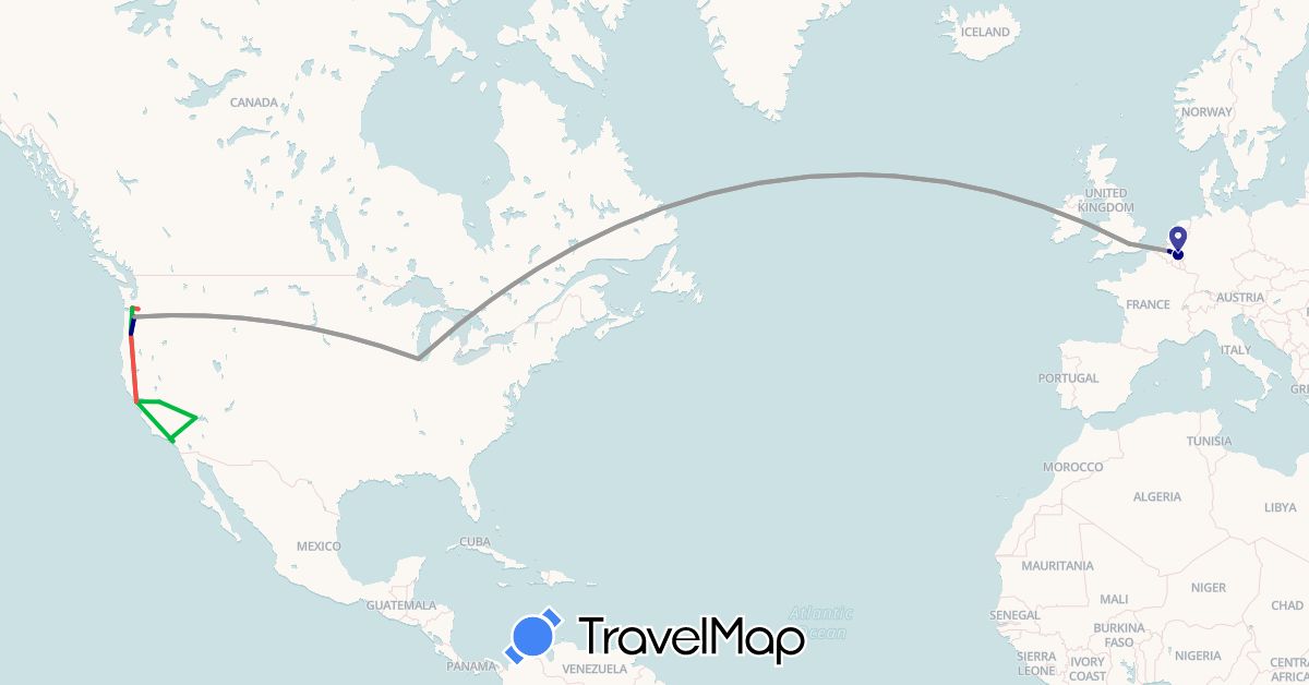 TravelMap itinerary: driving, bus, plane, hiking in Belgium, United Kingdom, United States (Europe, North America)
