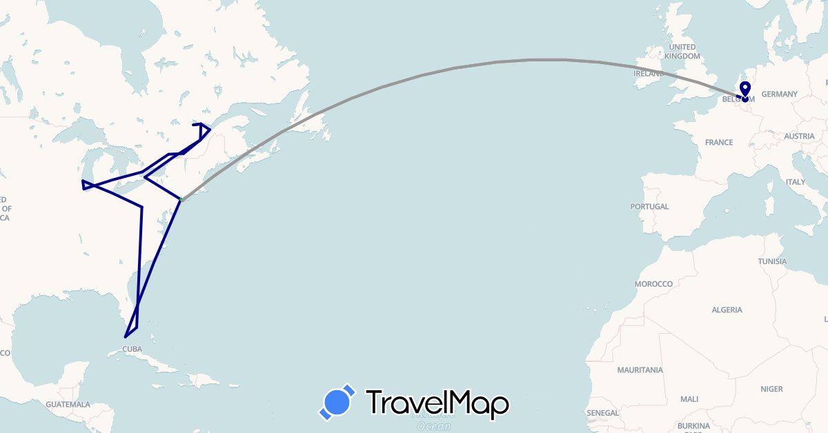 TravelMap itinerary: driving, bus, plane in Belgium, Canada, United States (Europe, North America)