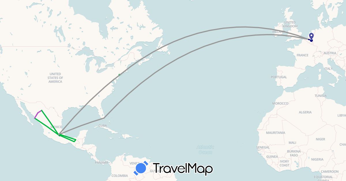 TravelMap itinerary: driving, bus, plane, train, hiking in Belgium, Mexico, United States (Europe, North America)