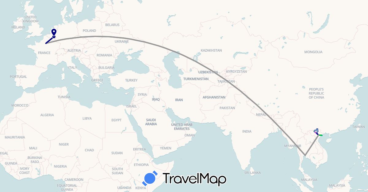 TravelMap itinerary: driving, bus, plane, cycling, train, boat in Belgium, France, Thailand, Vietnam (Asia, Europe)