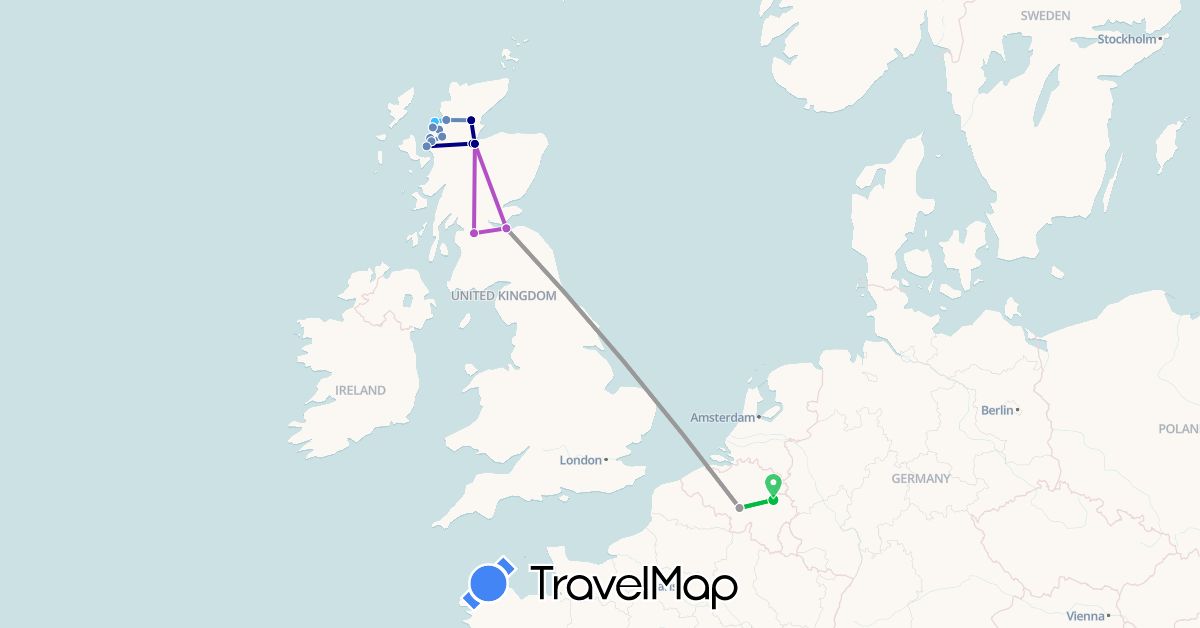 TravelMap itinerary: driving, bus, plane, cycling, train, boat in Belgium, United Kingdom (Europe)