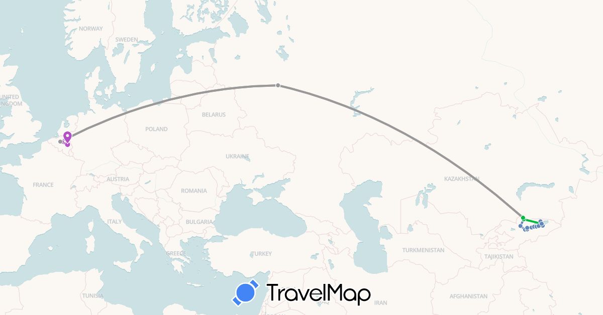 TravelMap itinerary: driving, bus, plane, cycling, train in Belgium, Kyrgyzstan, Russia (Asia, Europe)