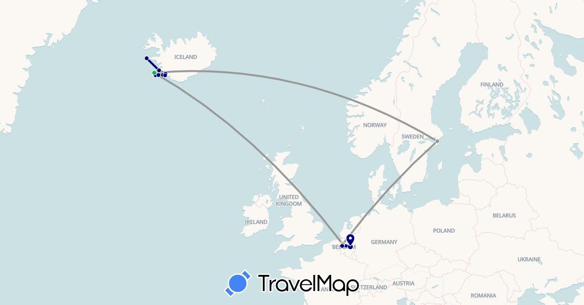TravelMap itinerary: driving, bus, plane in Belgium, Iceland, Sweden (Europe)