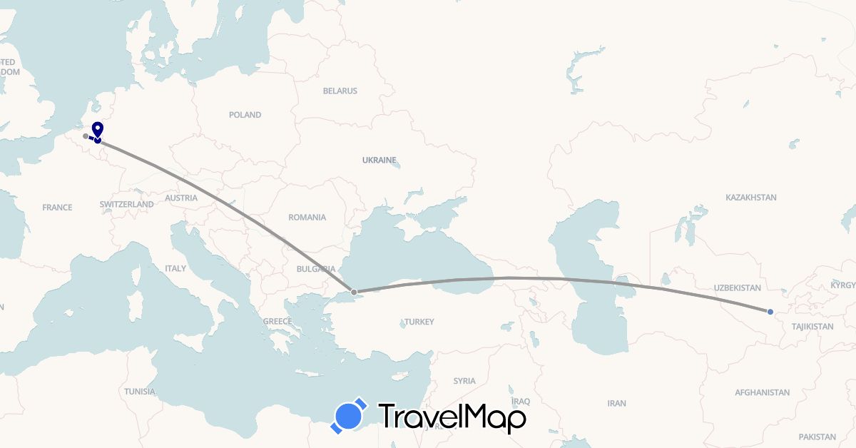 TravelMap itinerary: driving, plane, cycling in Belgium, Turkey, Uzbekistan (Asia, Europe)